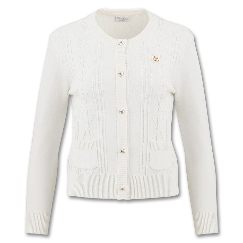 Fairliar Cable Pocket Round Neck Golf Cardigan White - FW23 Women