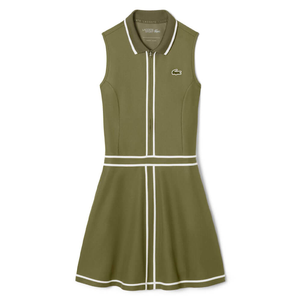 Lacoste Ultra Dry Heritage Trim Sleeveless Golf Dress Khaki Green/White - FW25 Women Lacoste Ultra Dry Heritage Trim Sleeveless Golf Dress Khaki Green/White - FW25 Women