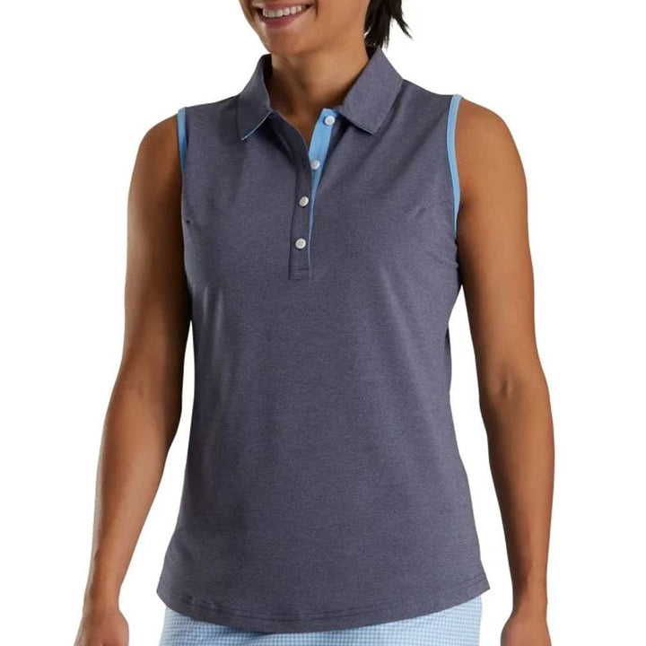 FootJoy Sleeveless Houndstooth Trim Pique Golf Polo Navy Heather - SS22 Women