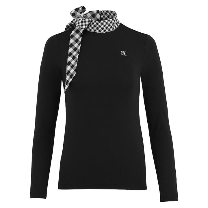 Fairliar Check Ribbon Scarf Longsleeve Golf Shirt Black - FW24 Women