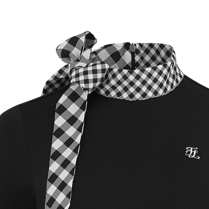 Fairliar Check Ribbon Scarf Longsleeve Golf Shirt Black - FW24 Women