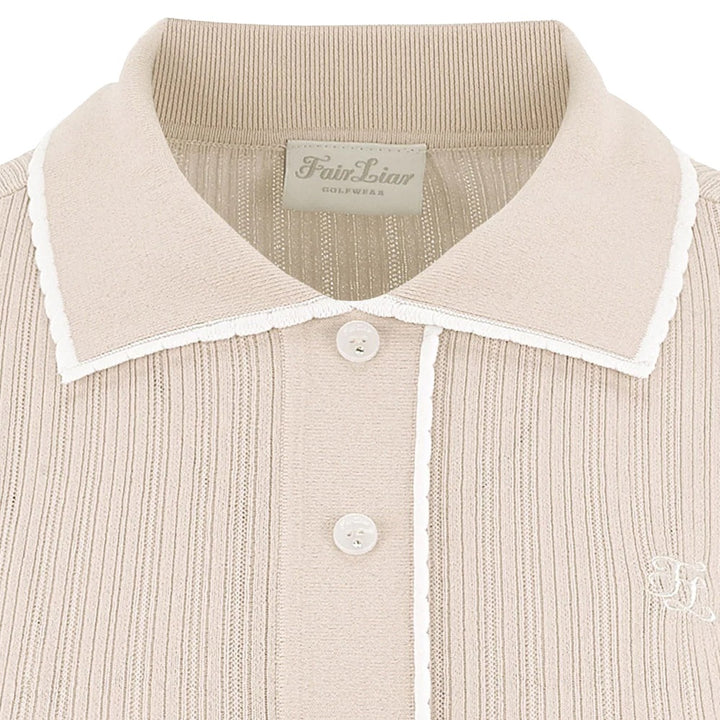 Fairliar Scallop Collar Cropped Sleeve Knit Golf Polo Beige - SS24 Women