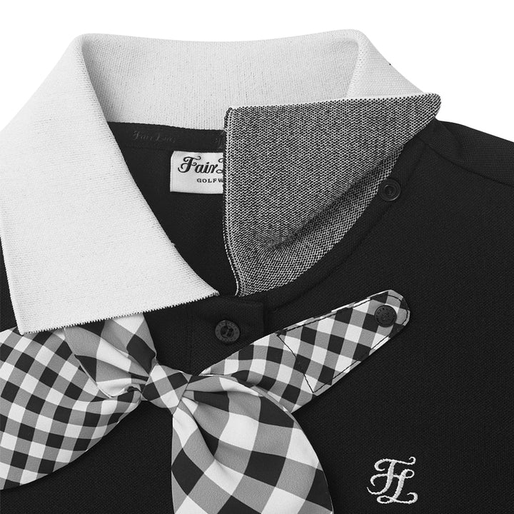 Fairliar Gingham Detachable Ribbon Golf Polo Black - FW24 Women