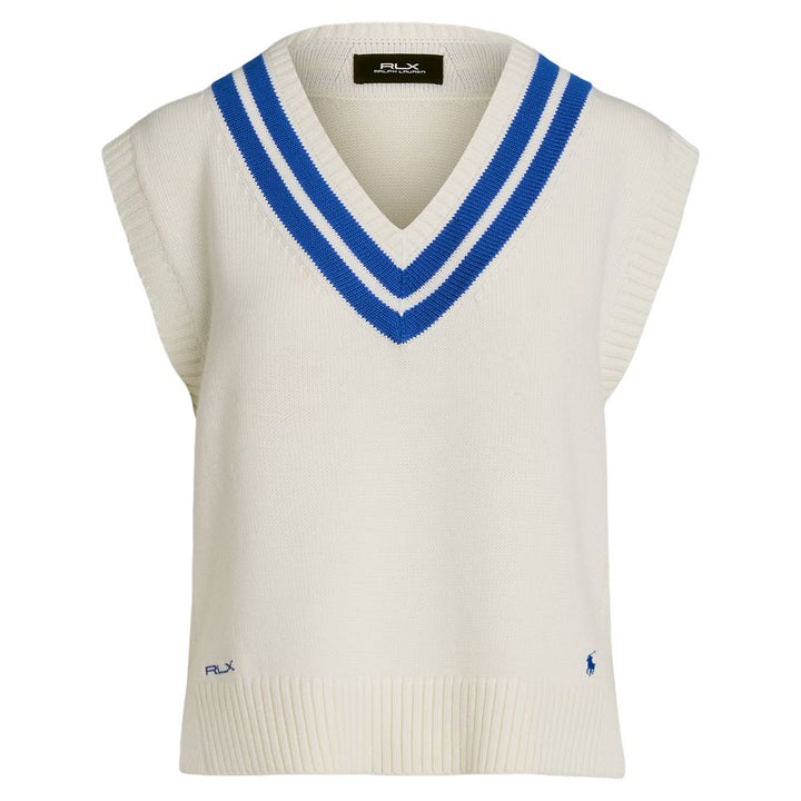 Ralph Lauren Cotton V-Neck Sweater Golf Vest Ceramic White/Iris Blue - FW24 Women