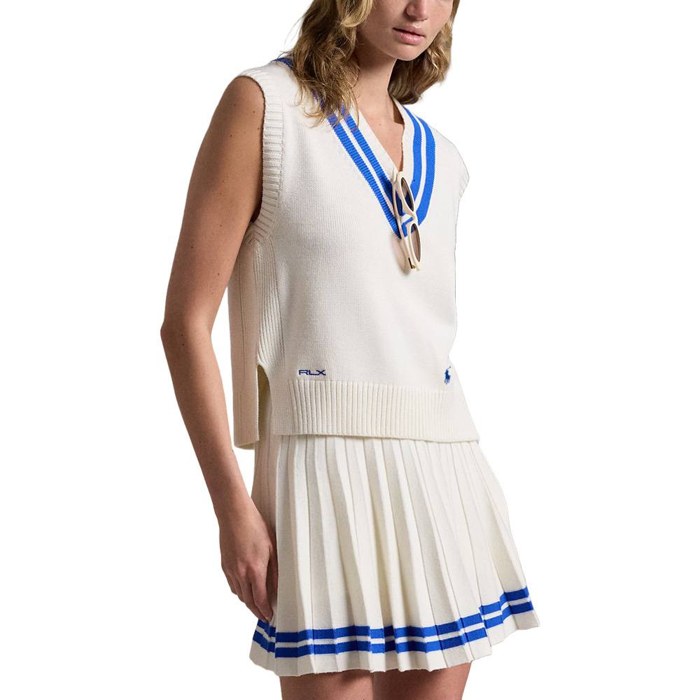 Ralph Lauren Cotton V-Neck Sweater Golf Vest Ceramic White/Iris Blue - FW24 Women