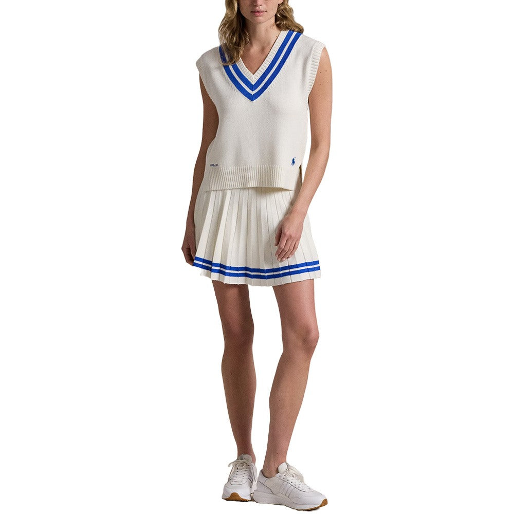 Ralph Lauren Cotton V-Neck Sweater Golf Vest Ceramic White/Iris Blue - FW24 Women