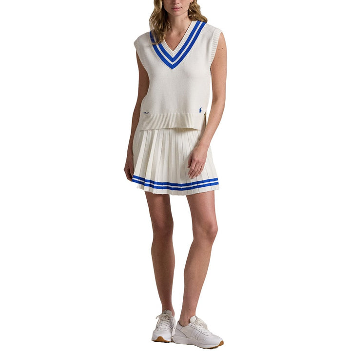 Ralph Lauren Cotton V-Neck Sweater Golf Vest Ceramic White/Iris Blue - FW24 Women