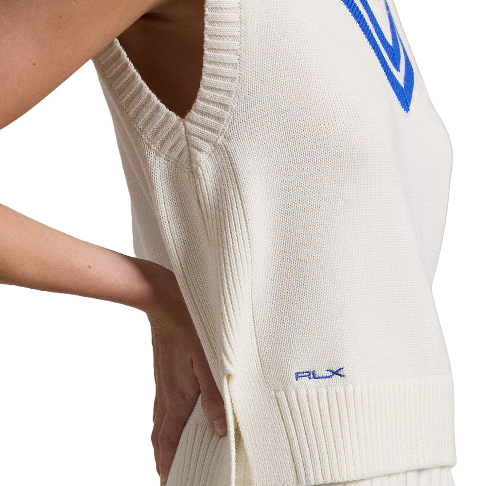 Ralph Lauren Cotton V-Neck Sweater Golf Vest Ceramic White/Iris Blue - FW24 Women