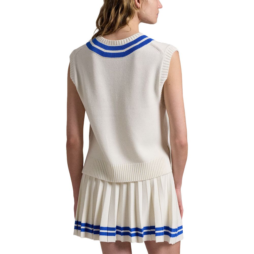 Ralph Lauren Cotton V-Neck Sweater Golf Vest Ceramic White/Iris Blue - FW24 Women