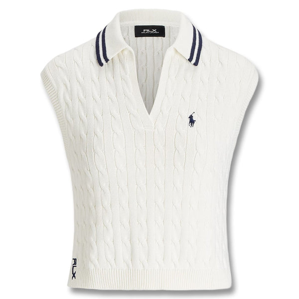 Ralph Lauren Wool Blend Cabel Knit V-Neck w/Johnny Collar Golf Polo White Splash/Refined Navy - SP25 Women
