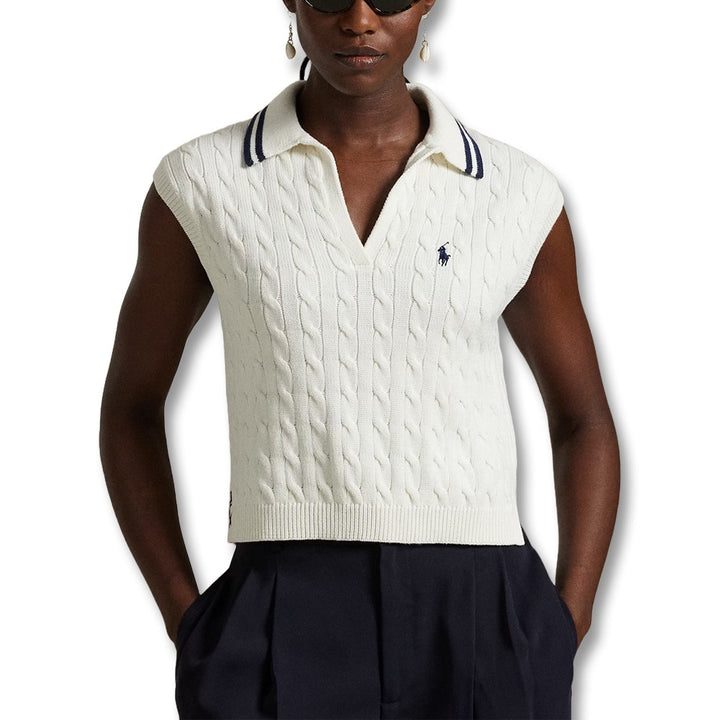 Ralph Lauren Wool Blend Cabel Knit V-Neck w/Johnny Collar Golf Polo White Splash/Refined Navy - SP25 Women