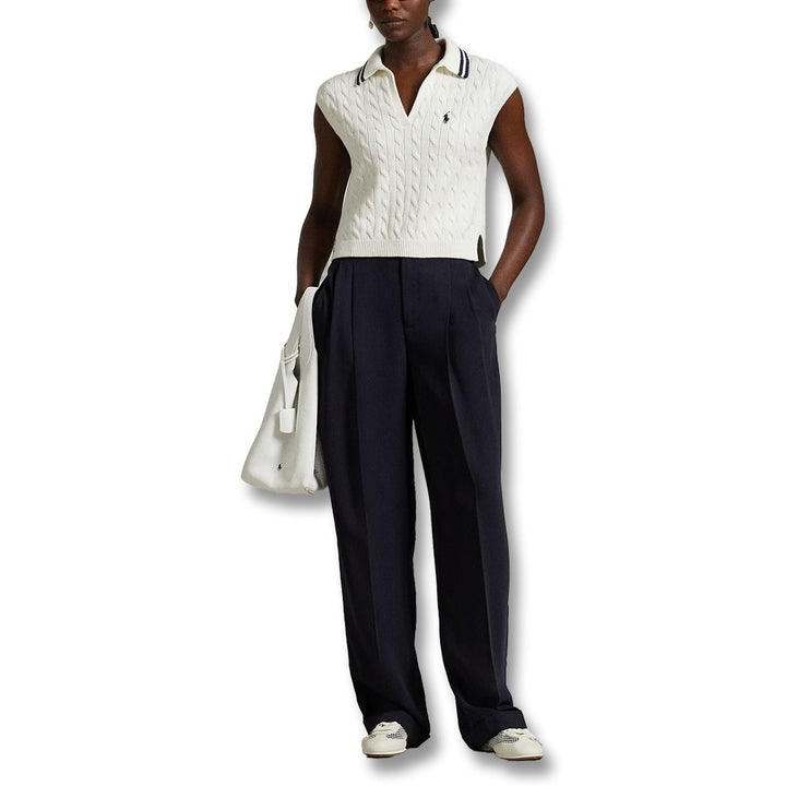 Ralph Lauren Wool Blend Cabel Knit V-Neck w/Johnny Collar Golf Polo White Splash/Refined Navy - SP25 Women