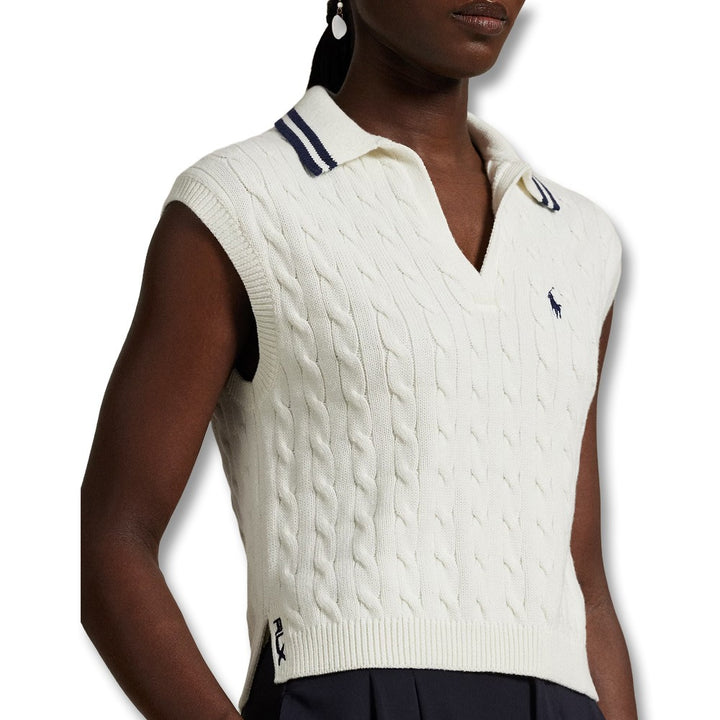 Ralph Lauren Wool Blend Cabel Knit V-Neck w/Johnny Collar Golf Polo White Splash/Refined Navy - SP25 Women