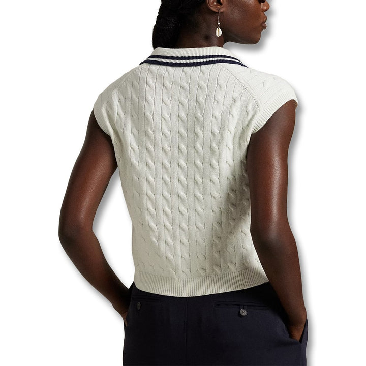 Ralph Lauren Wool Blend Cabel Knit V-Neck w/Johnny Collar Golf Polo White Splash/Refined Navy - SP25 Women