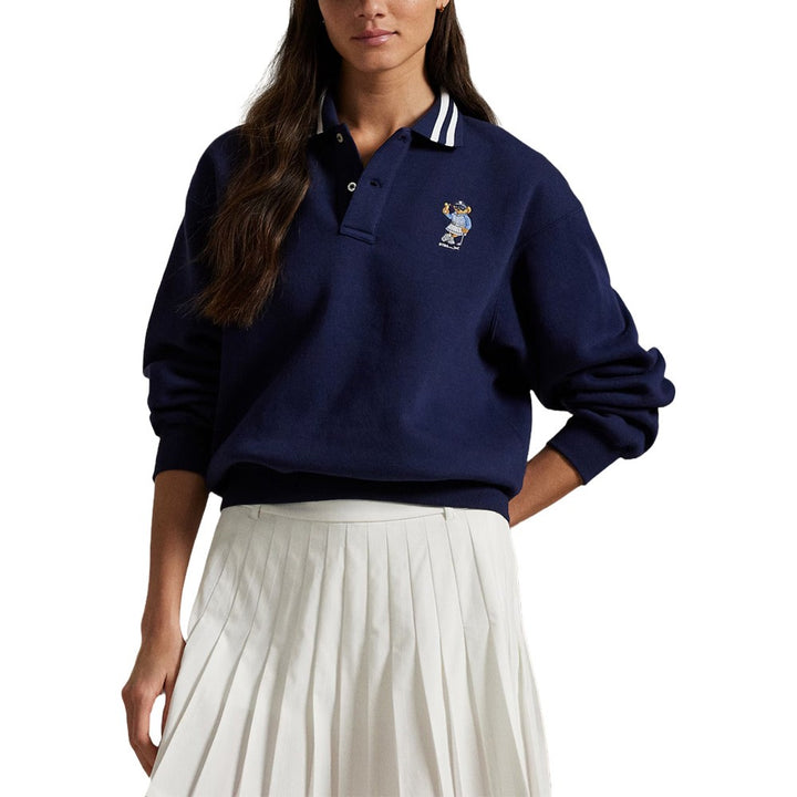 Ralph Lauren Winter Cashmere Touch Fleece Novelty Bear Collared Golf Pullover Refined Navy - SP25 Women