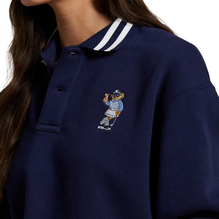 Ralph Lauren Winter Cashmere Touch Fleece Novelty Bear Collared Golf Pullover Refined Navy - SP25 Women