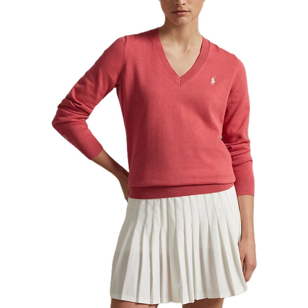 Ralph Lauren Longsleeve Cotton Blend V-Neck Golf Sweater Red Sky - SP25 Women