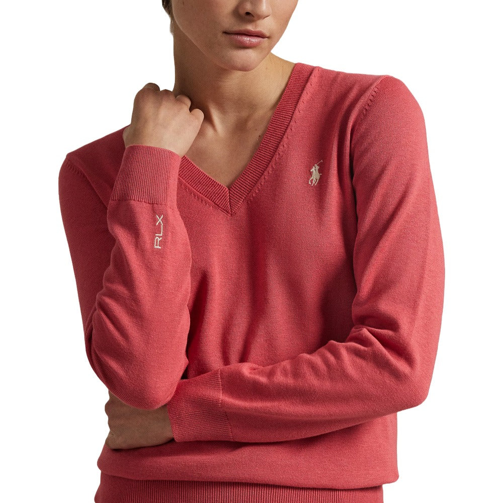 Ralph Lauren Longsleeve Cotton Blend V-Neck Golf Sweater Red Sky - SP25 Women