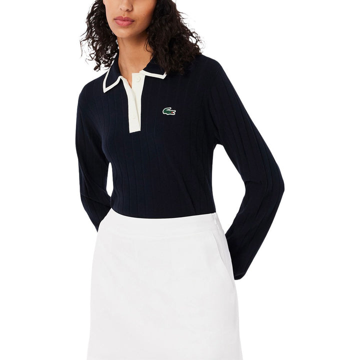 Lacoste Collar Stretch Sweater Longsleeve Golf Polo Navy Blue/White - SS25 Women
