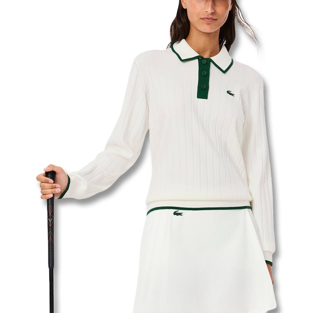 Lacoste Collar Stretch Sweater Longsleeve Golf Polo White/Green - SS25 Women