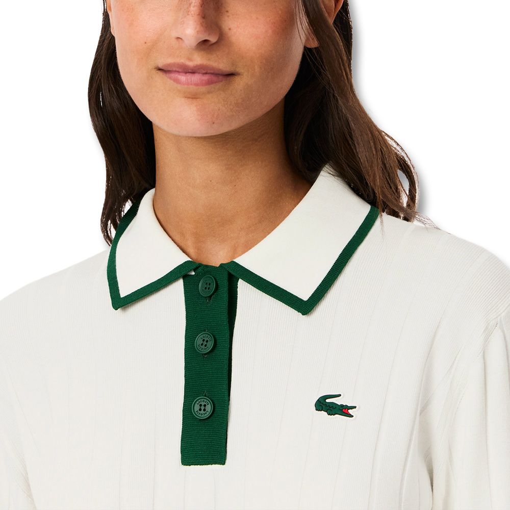 Lacoste Collar Stretch Sweater Longsleeve Golf Polo White/Green - SS25 Women