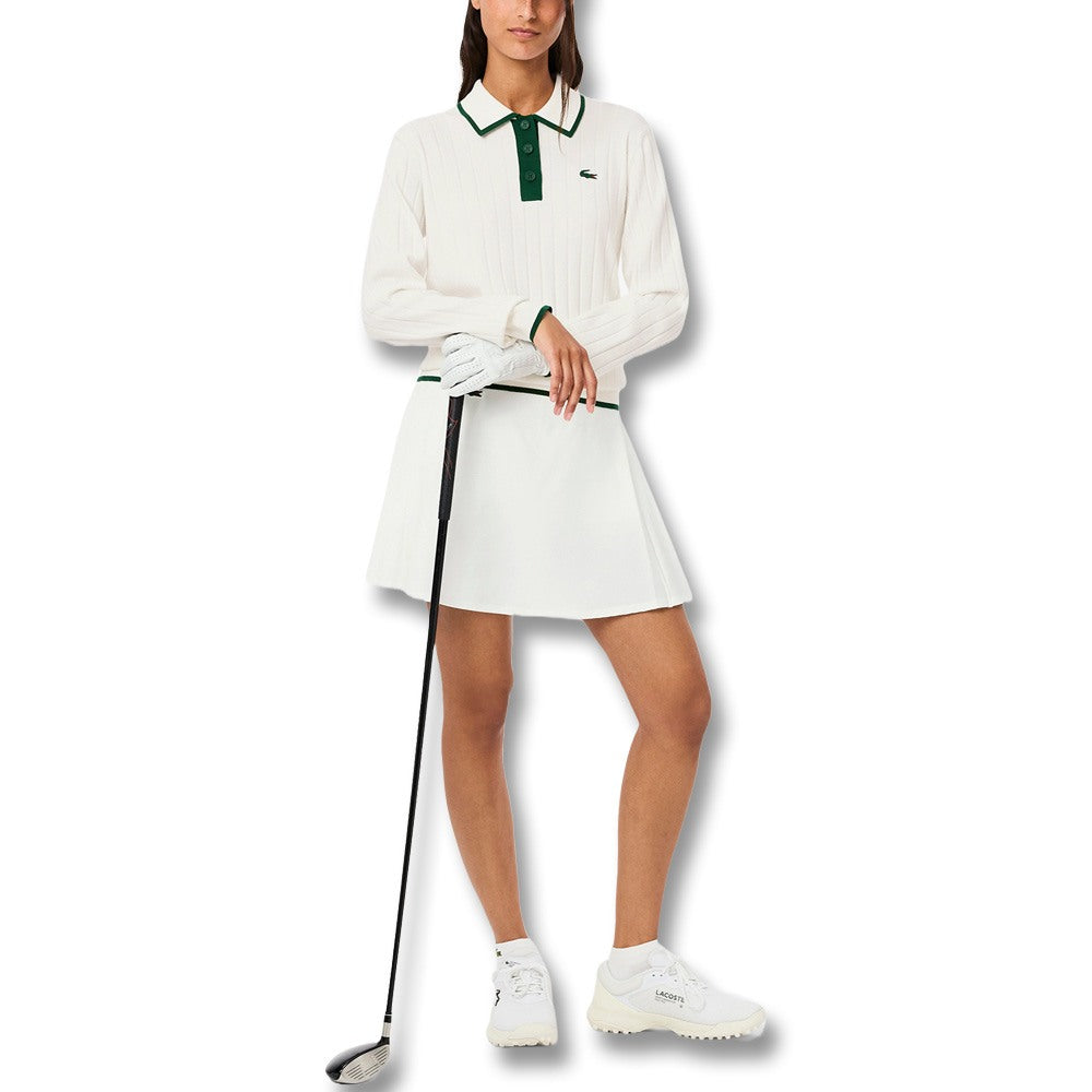 Lacoste Collar Stretch Sweater Longsleeve Golf Polo White/Green - SS25 Women