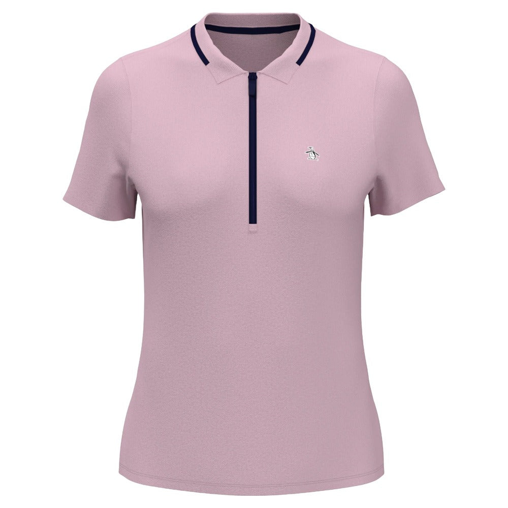 Original Penguin Ribbed Metallic Zip Golf Polo Charm Pink - SP25 Women