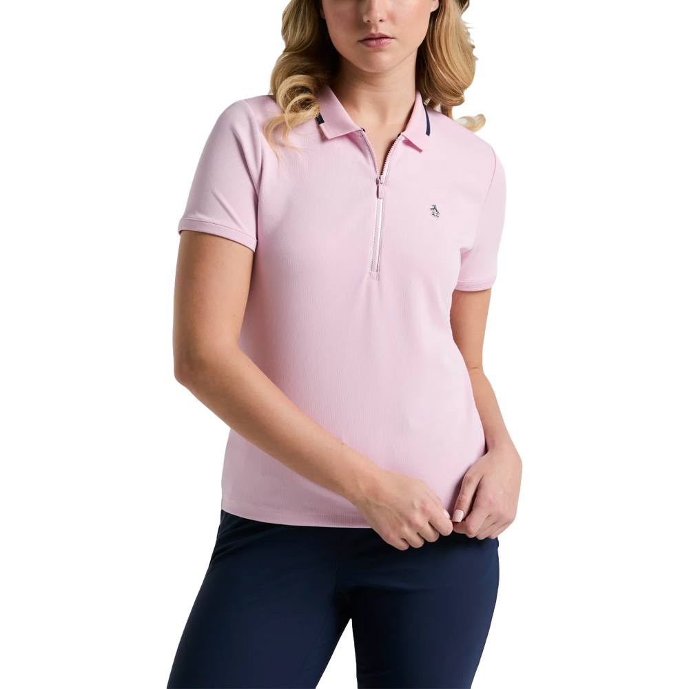 Original Penguin Ribbed Metallic Zip Golf Polo Charm Pink - SP25 Women