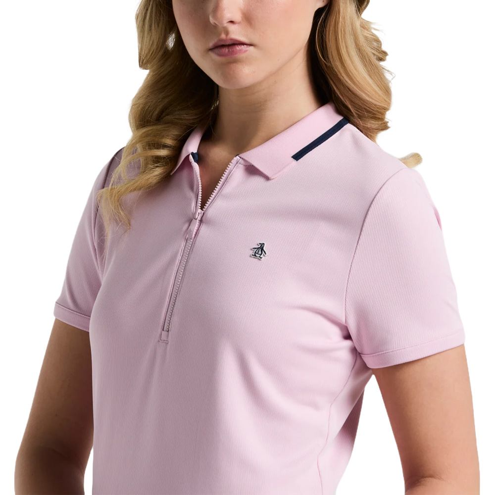 Original Penguin Ribbed Metallic Zip Golf Polo Charm Pink - SP25 Women