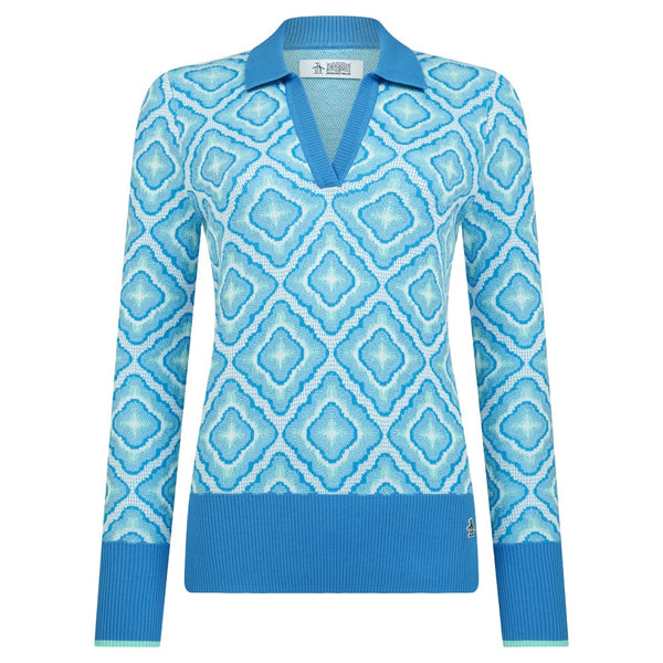 Original Penguin Lattice Jacquard Golf Sweater French Blue - SP25 Women