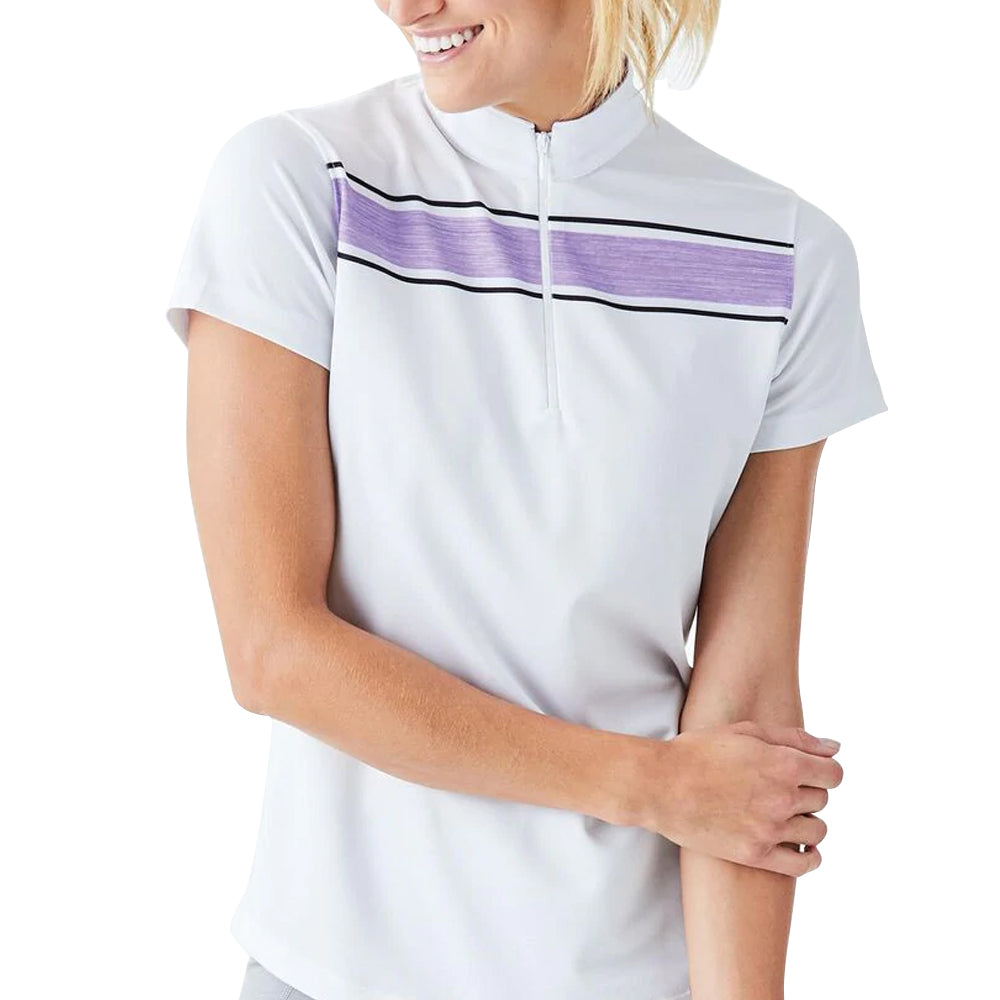 FootJoy Baby Pique Engineered Stripe Zip Golf Pullover White/Orchid/Charcoal - SS19 Women