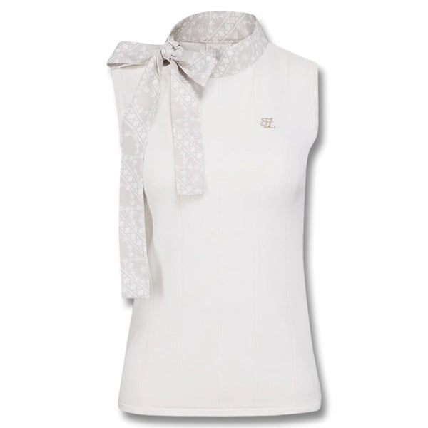 Fairliar Patterned Neck Ribbon Sleeveless Knit Golf Polo White - SS25 Women