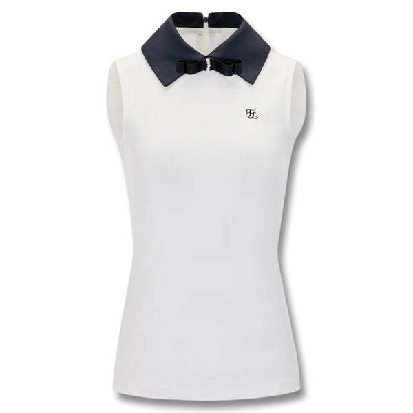 Fairliar Big Collar Ribbon Sleeveless Golf Polo White - SS25 Women