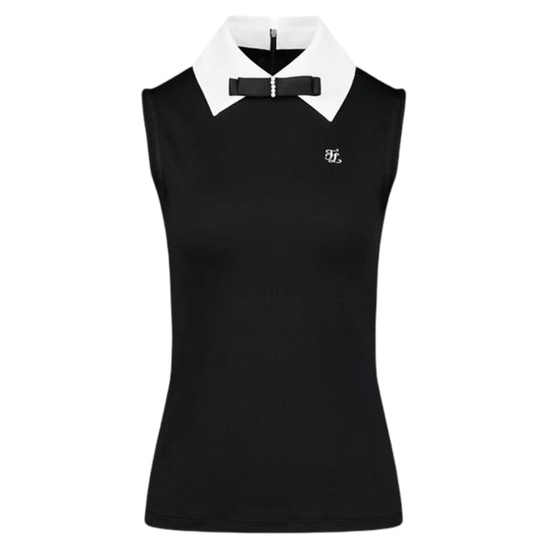 Fairliar Big Collar Ribbon Sleeveless Golf Polo Black - SS25 Women