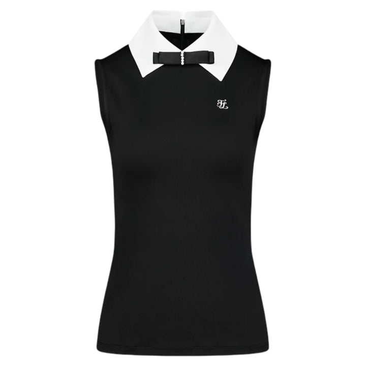 Fairliar Big Collar Ribbon Sleeveless Golf Polo Black - SS25 Women