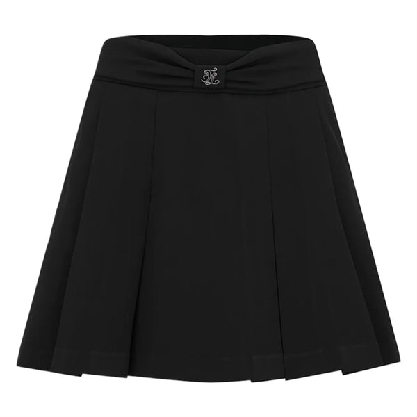 Fairliar Front Ribbon Belt Wide Pleated Golf Skirt Black - SS25 Women