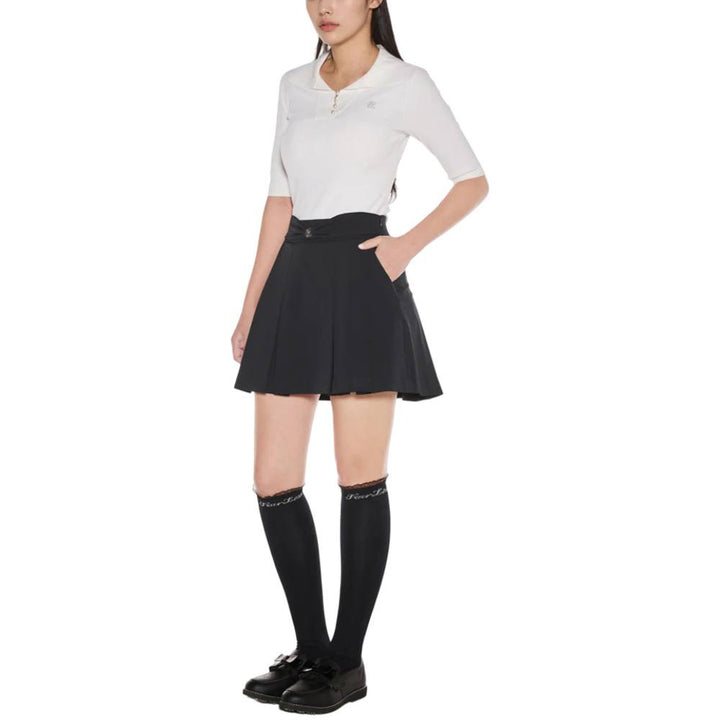 Fairliar Front Ribbon Belt Wide Pleated Golf Skirt Black - SS25 Women