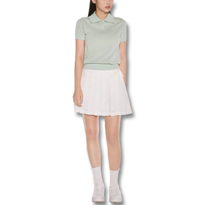 Fairliar Asymmetrical Ribbon Pleated Golf Skirt White - SS25 Women