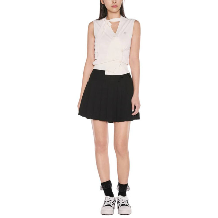 Fairliar Asymmetrical Ribbon Pleated Golf Skirt Black - SS25 Women