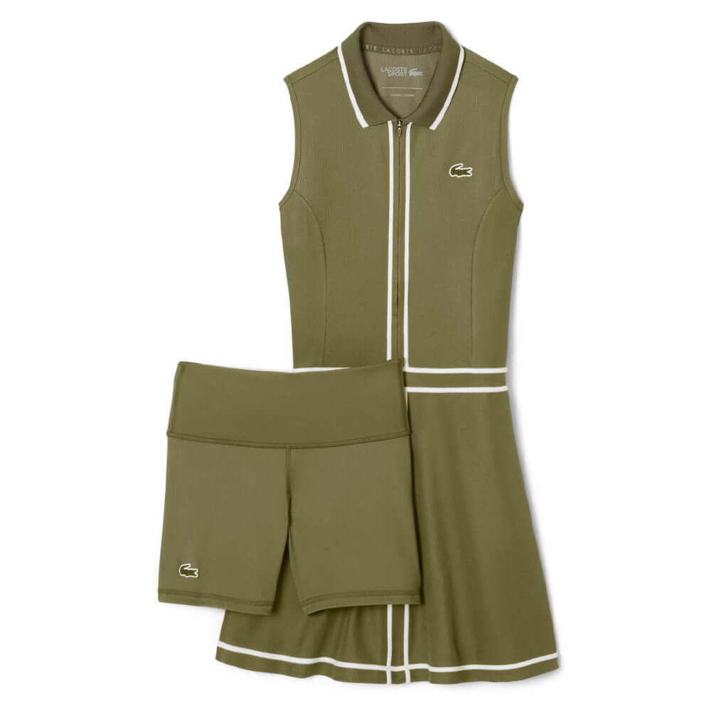 Lacoste Ultra Dry Heritage Trim Sleeveless Golf Dress Khaki Green/Whit   Golfio