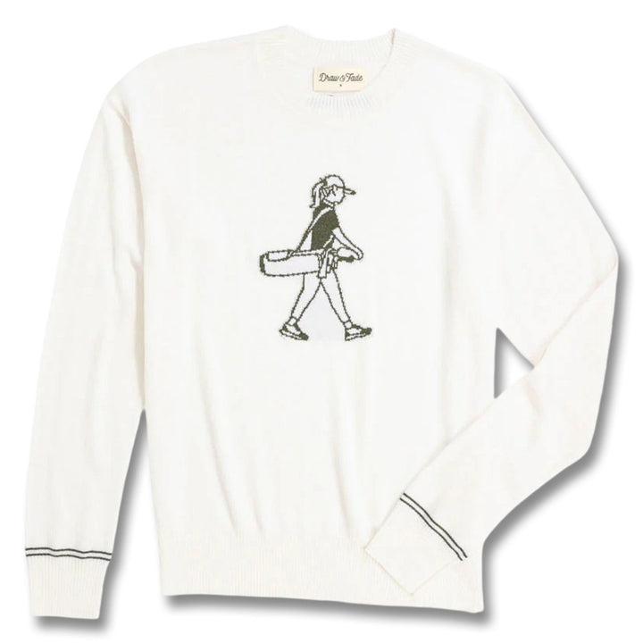 Draw & Fade Walking Girl Crewneck Golf Sweater White - FW25 Women