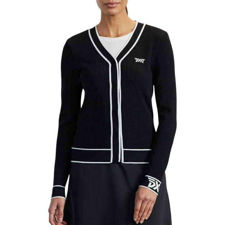 PXG Varsity V-Neck Cardigan Golf Sweater Black - FW25 Women
