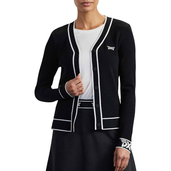 PXG Varsity V-Neck Cardigan Golf Sweater Black - FW25 Women