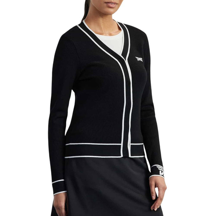 PXG Varsity V-Neck Cardigan Golf Sweater Black - FW25 Women