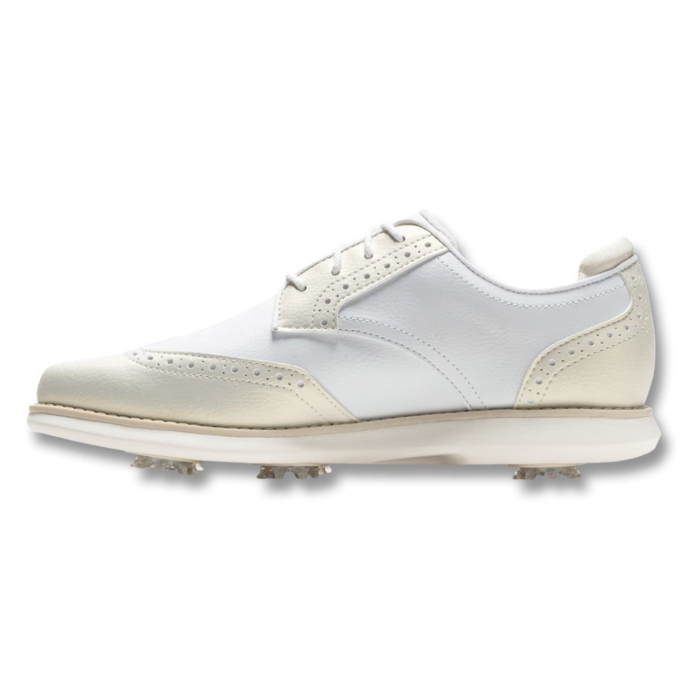 slim fit dress slacks FootJoy Traditions Wing Tip Golf Shoes White/Gold