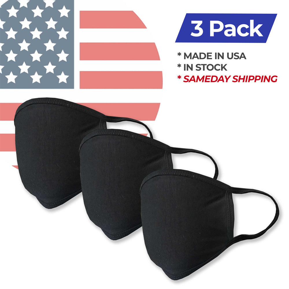 Washable Black Fashion Double Layer Fabric Face Mask - 3 Pack Made in USA