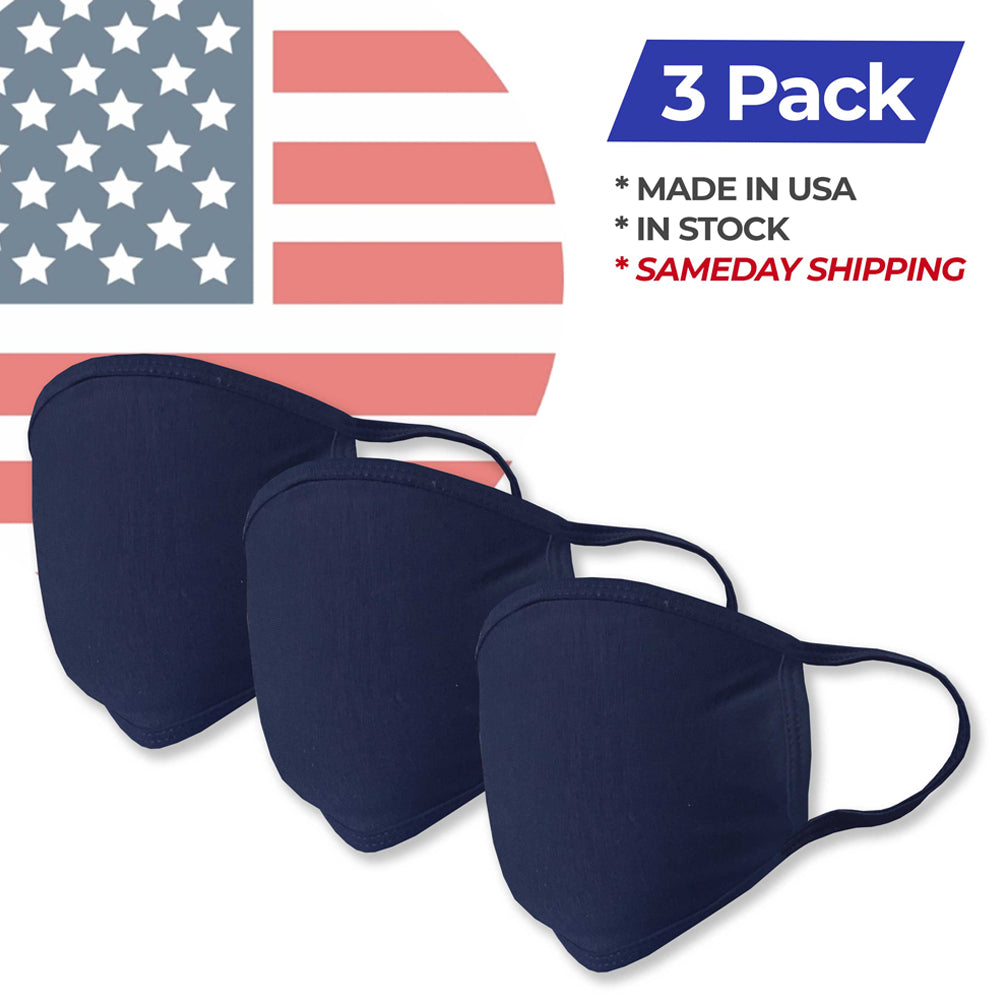 Washable Navy Fashion Double Layer Fabric Face Mask - 3 Pack Made in USA